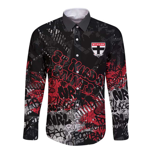 St Kilda Saints Long Sleeve Button Shirt Urban Graffiti Street Art - Bold Abstract Spray Paint
