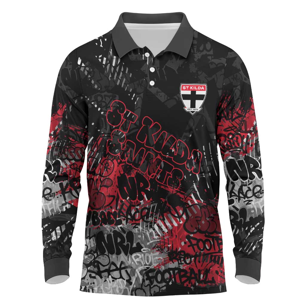 St Kilda Saints Long Sleeve Polo Shirt Urban Graffiti Street Art - Bold Abstract Spray Paint