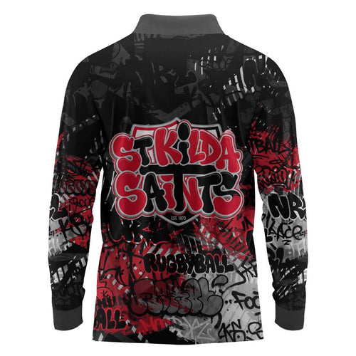 St Kilda Saints Long Sleeve Polo Shirt Urban Graffiti Street Art - Bold Abstract Spray Paint