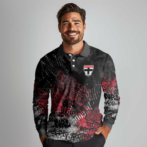 St Kilda Saints Long Sleeve Polo Shirt Urban Graffiti Street Art - Bold Abstract Spray Paint