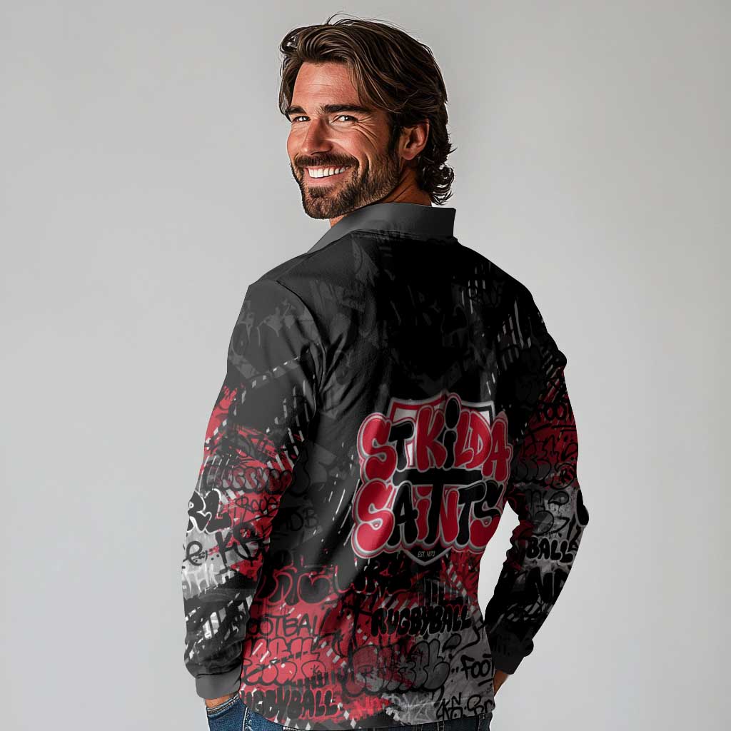 St Kilda Saints Long Sleeve Polo Shirt Urban Graffiti Street Art - Bold Abstract Spray Paint