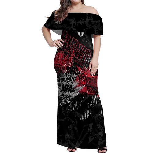 St Kilda Saints Off Shoulder Maxi Dress Urban Graffiti Street Art - Bold Abstract Spray Paint