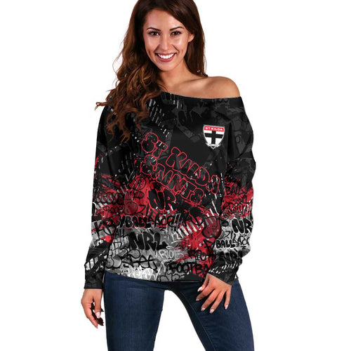 St Kilda Saints Off Shoulder Sweater Urban Graffiti Street Art - Bold Abstract Spray Paint