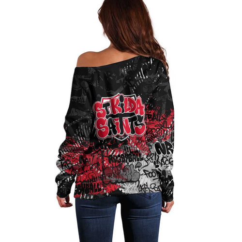 St Kilda Saints Off Shoulder Sweater Urban Graffiti Street Art - Bold Abstract Spray Paint