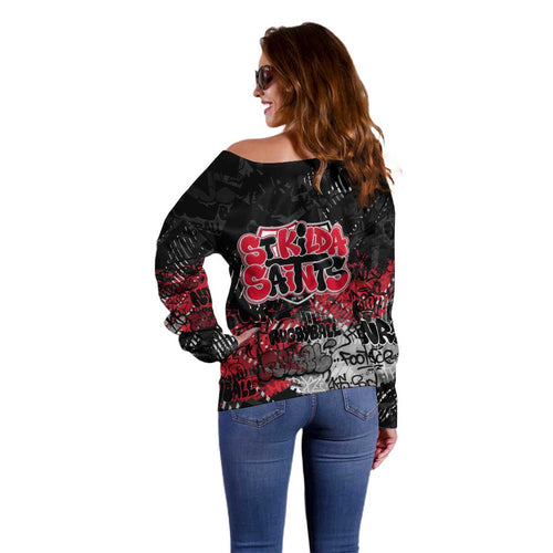 St Kilda Saints Off Shoulder Sweater Urban Graffiti Street Art - Bold Abstract Spray Paint
