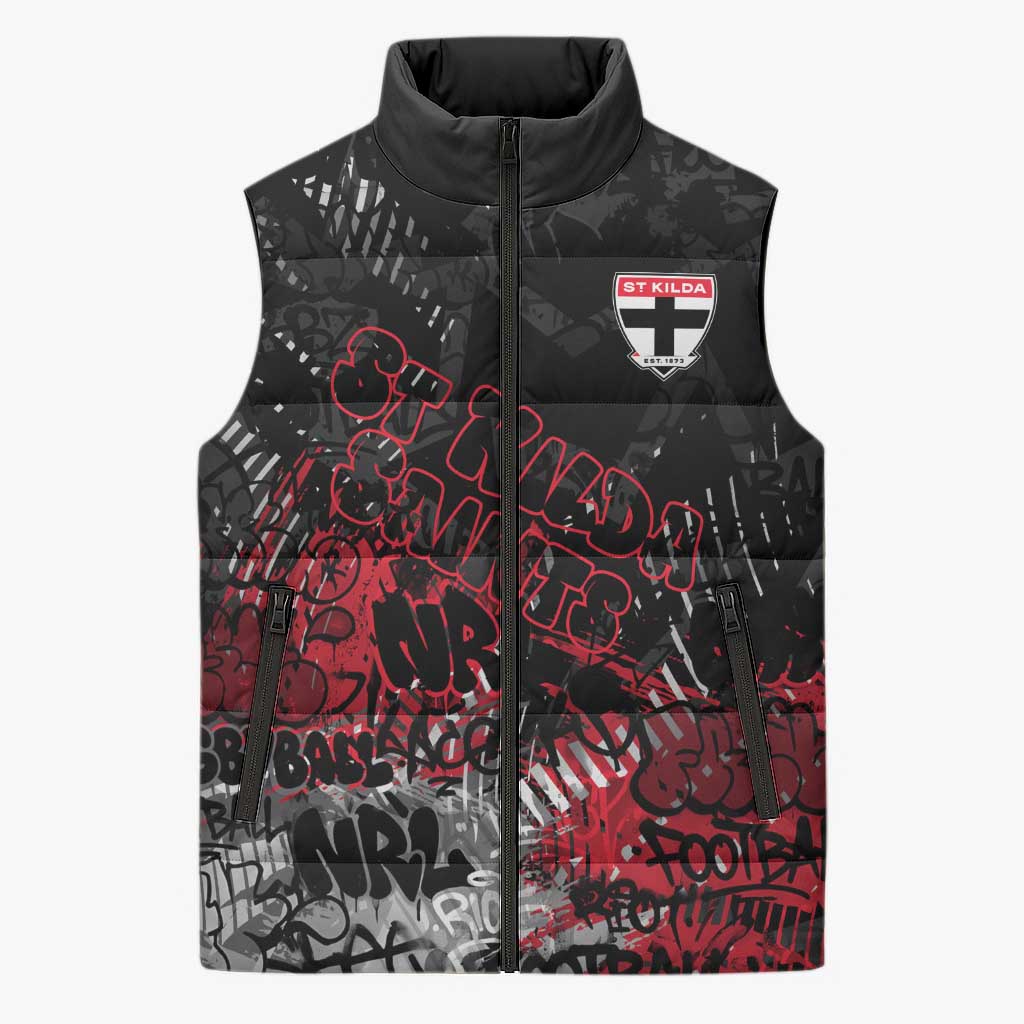 St Kilda Saints Sleeveless Puffer Jacket Urban Graffiti Street Art - Bold Abstract Spray Paint