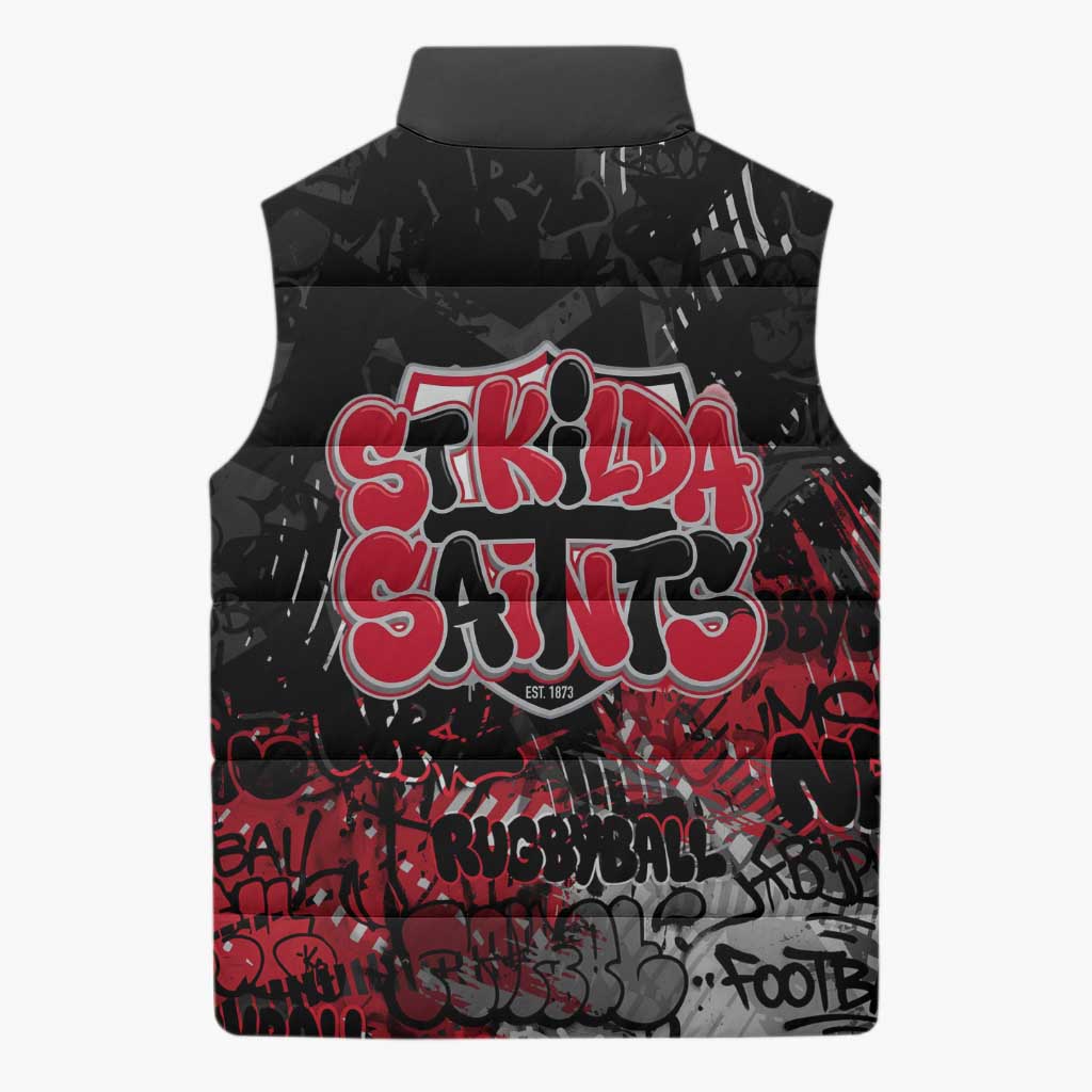 St Kilda Saints Sleeveless Puffer Jacket Urban Graffiti Street Art - Bold Abstract Spray Paint