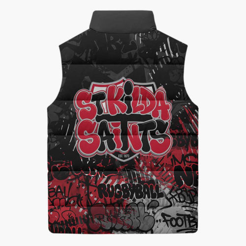 St Kilda Saints Sleeveless Puffer Jacket Urban Graffiti Street Art - Bold Abstract Spray Paint