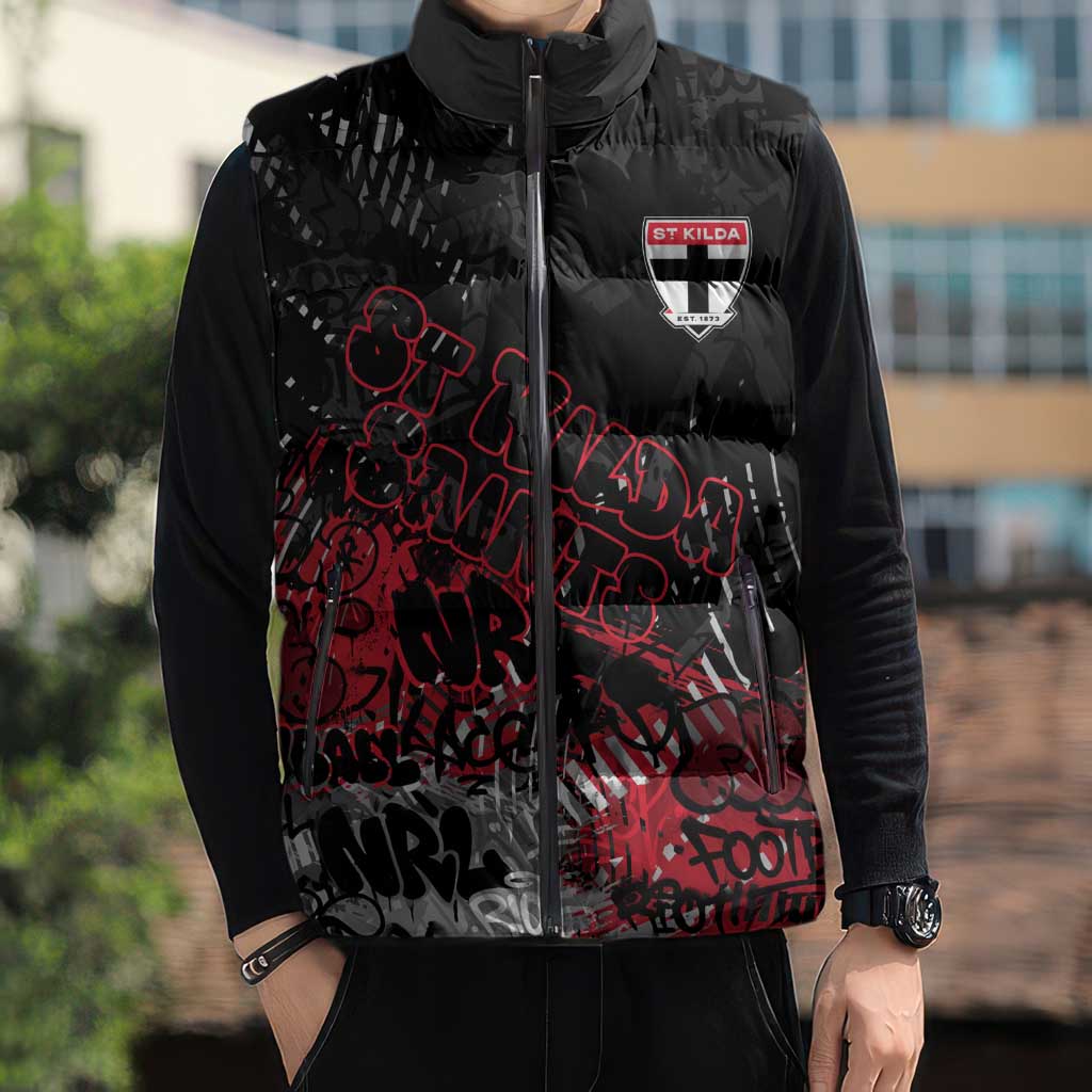 St Kilda Saints Sleeveless Puffer Jacket Urban Graffiti Street Art - Bold Abstract Spray Paint
