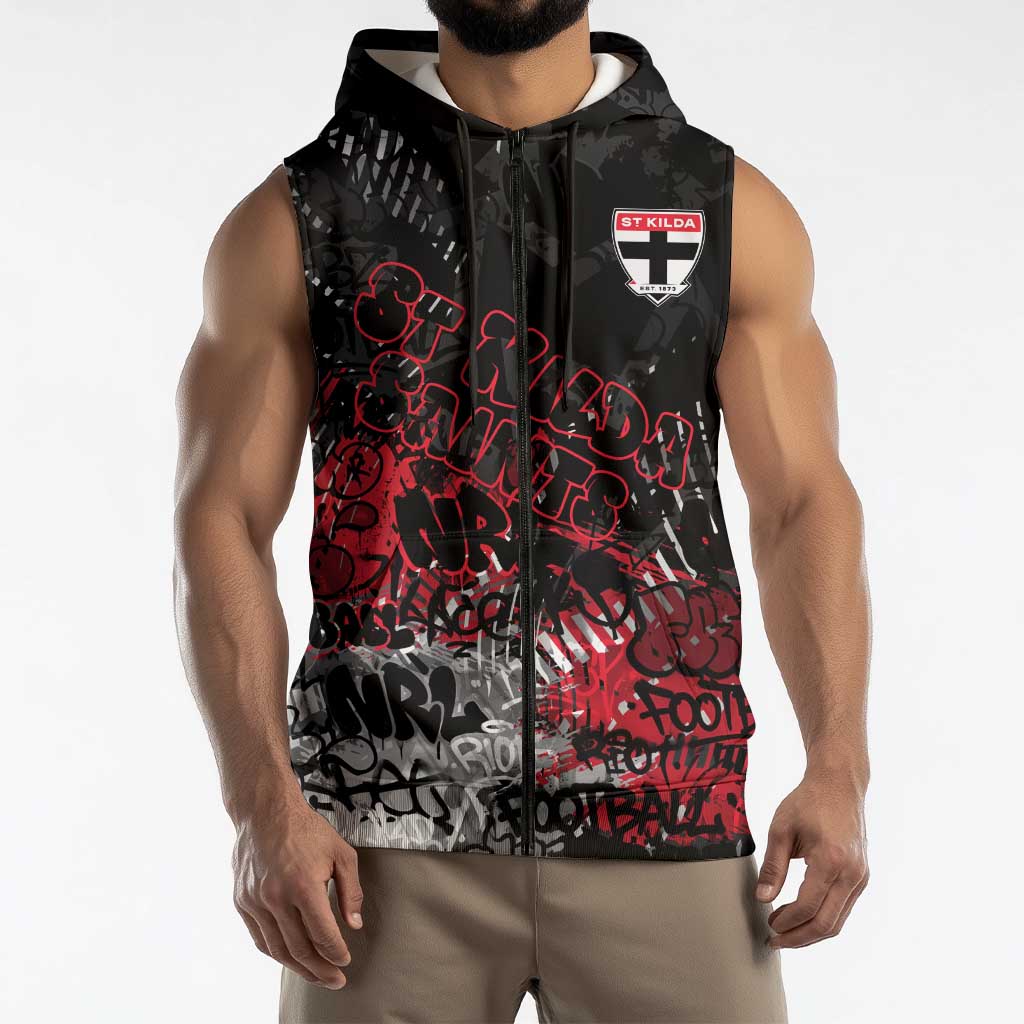 St Kilda Saints Sleeveless Zip Hoodie Urban Graffiti Street Art - Bold Abstract Spray Paint
