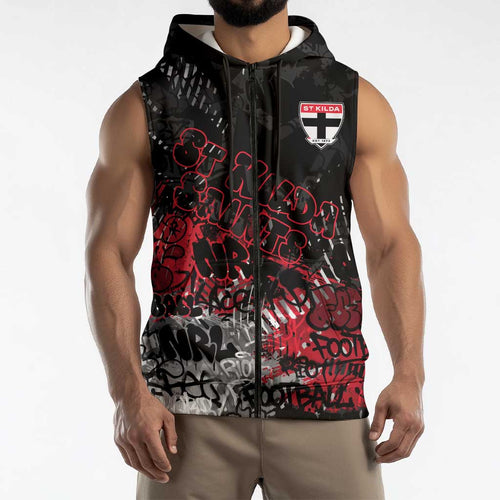 St Kilda Saints Sleeveless Zip Hoodie Urban Graffiti Street Art - Bold Abstract Spray Paint