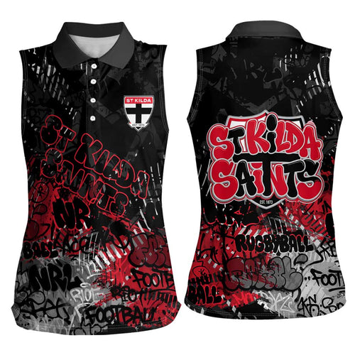 St Kilda Saints Women Sleeveless Polo Shirt Urban Graffiti Street Art - Bold Abstract Spray Paint