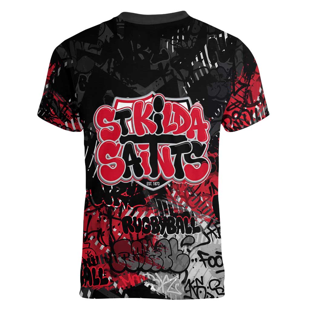 St Kilda Saints Women V-Neck T-Shirt Urban Graffiti Street Art - Bold Abstract Spray Paint