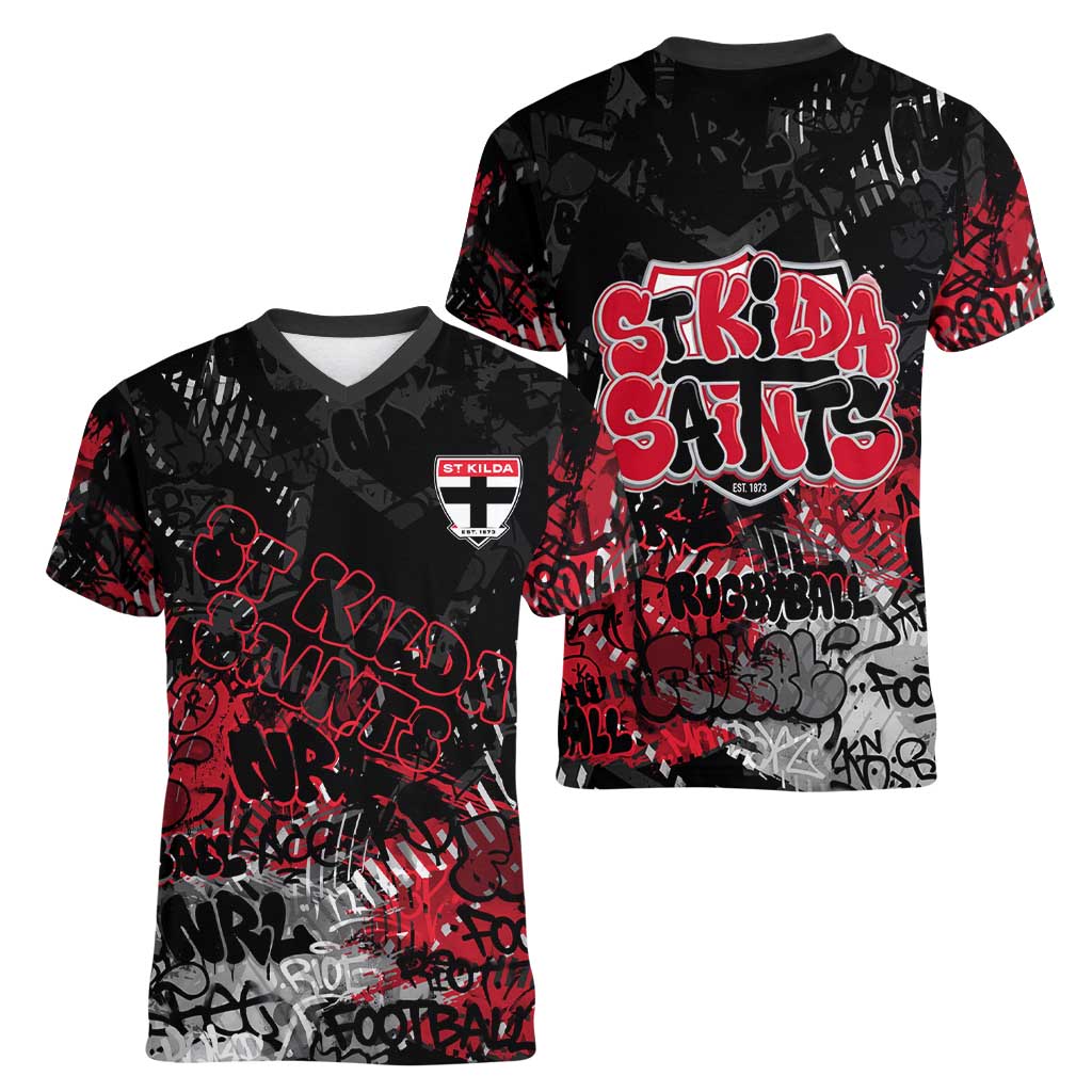St Kilda Saints Women V-Neck T-Shirt Urban Graffiti Street Art - Bold Abstract Spray Paint