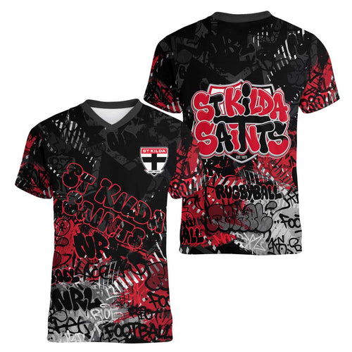 St Kilda Saints Women V-Neck T-Shirt Urban Graffiti Street Art - Bold Abstract Spray Paint