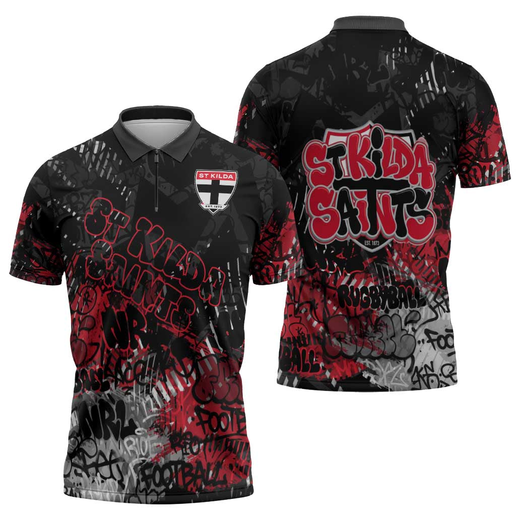 St Kilda Saints Zipper Polo Shirt Urban Graffiti Street Art - Bold Abstract Spray Paint