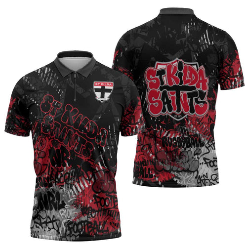 St Kilda Saints Zipper Polo Shirt Urban Graffiti Street Art - Bold Abstract Spray Paint