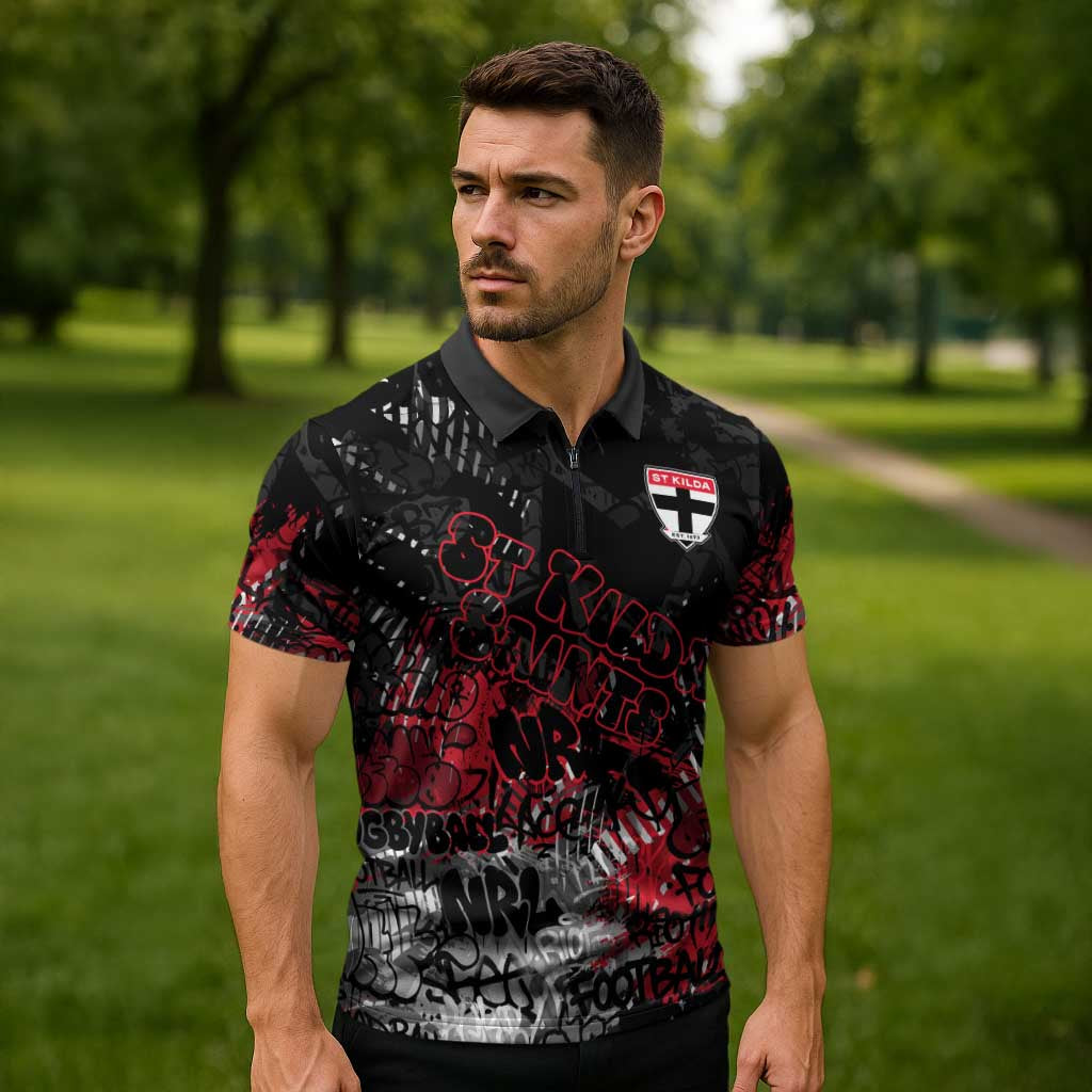 St Kilda Saints Zipper Polo Shirt Urban Graffiti Street Art - Bold Abstract Spray Paint
