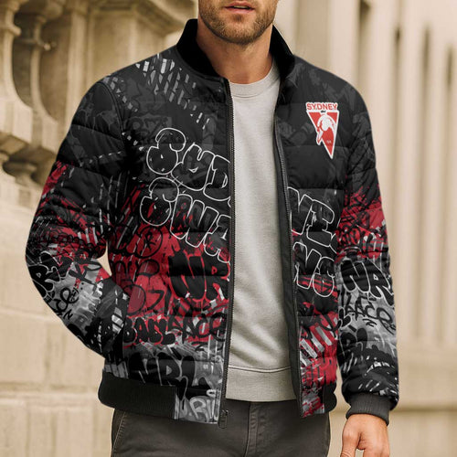 Sydney Swans Bomber Puffer Jacket Urban Graffiti Street Art - Bold Abstract Spray Paint