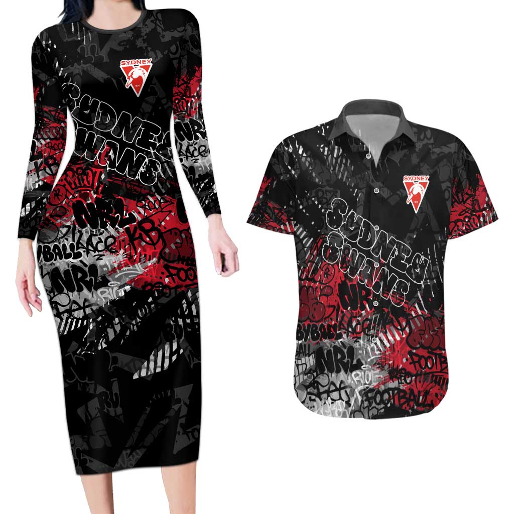 Sydney Swans Couples Matching Long Sleeve Bodycon Dress and Hawaiian Shirt Urban Graffiti Street Art - Bold Abstract Spray Paint