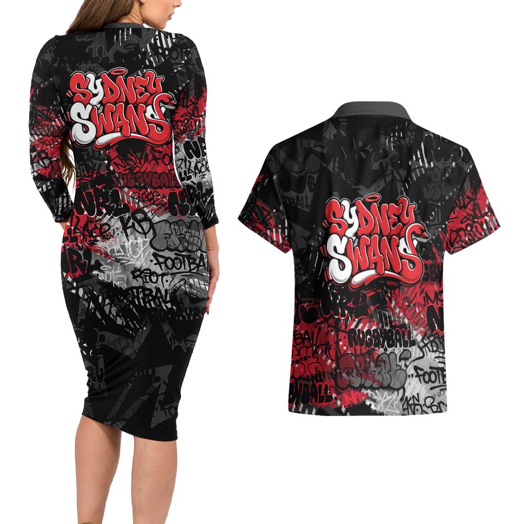 Sydney Swans Couples Matching Long Sleeve Bodycon Dress and Hawaiian Shirt Urban Graffiti Street Art - Bold Abstract Spray Paint