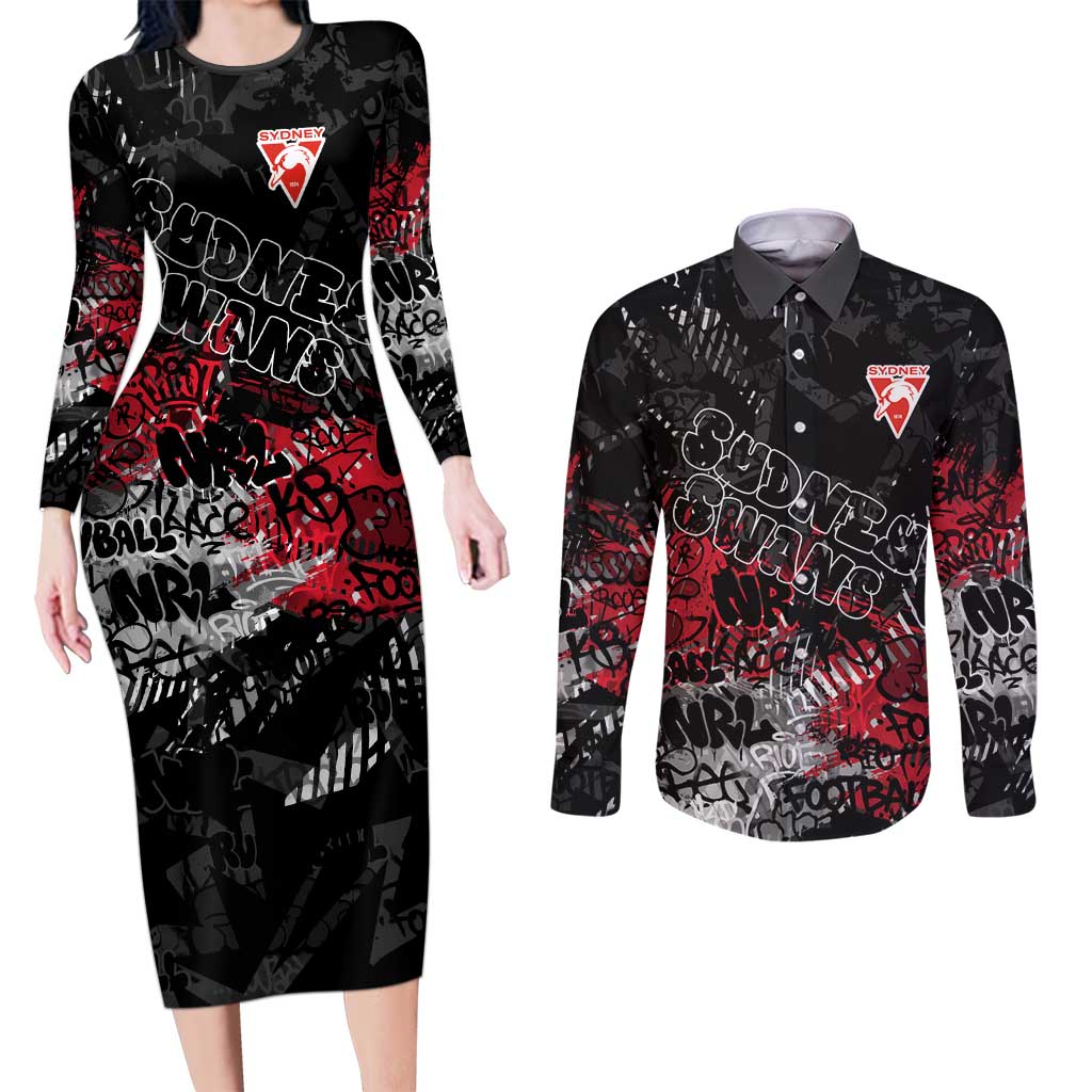 Sydney Swans Couples Matching Long Sleeve Bodycon Dress and Long Sleeve Button Shirt Urban Graffiti Street Art - Bold Abstract Spray Paint