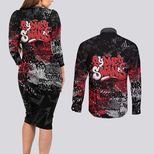 Sydney Swans Couples Matching Long Sleeve Bodycon Dress and Long Sleeve Button Shirt Urban Graffiti Street Art - Bold Abstract Spray Paint