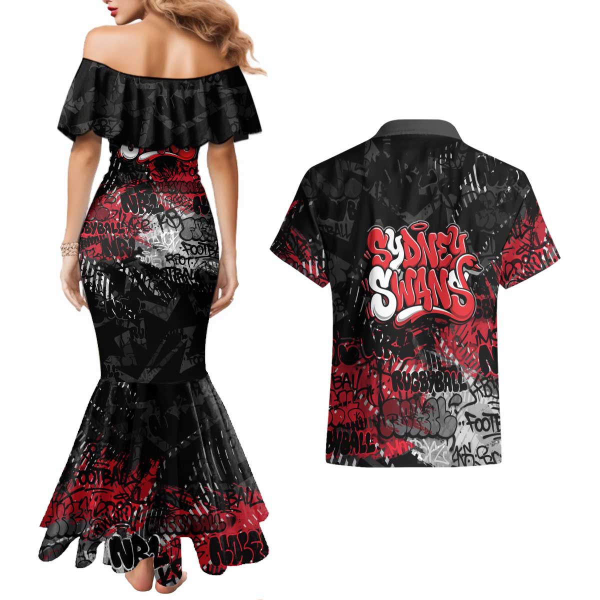 Sydney Swans Couples Matching Mermaid Dress and Hawaiian Shirt Urban Graffiti Street Art - Bold Abstract Spray Paint