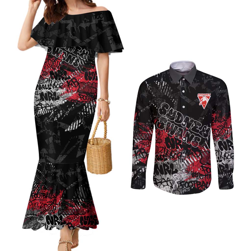 Sydney Swans Couples Matching Mermaid Dress and Long Sleeve Button Shirt Urban Graffiti Street Art - Bold Abstract Spray Paint