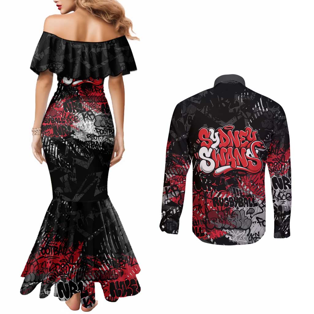 Sydney Swans Couples Matching Mermaid Dress and Long Sleeve Button Shirt Urban Graffiti Street Art - Bold Abstract Spray Paint