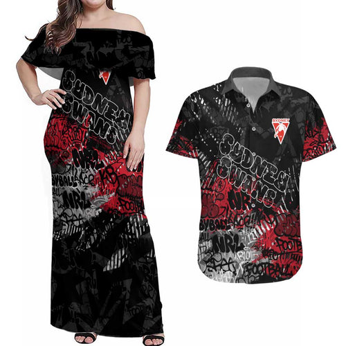 Sydney Swans Couples Matching Off Shoulder Maxi Dress and Hawaiian Shirt Urban Graffiti Street Art - Bold Abstract Spray Paint