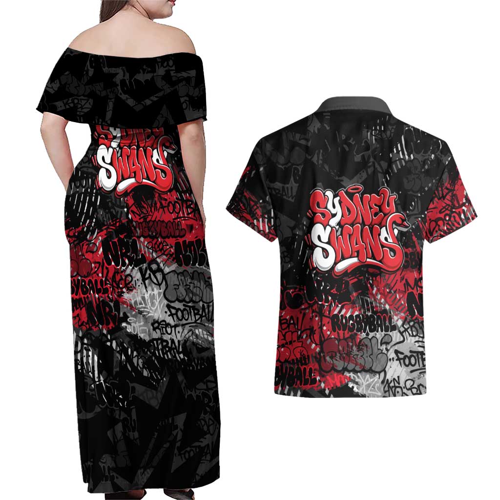 Sydney Swans Couples Matching Off Shoulder Maxi Dress and Hawaiian Shirt Urban Graffiti Street Art - Bold Abstract Spray Paint