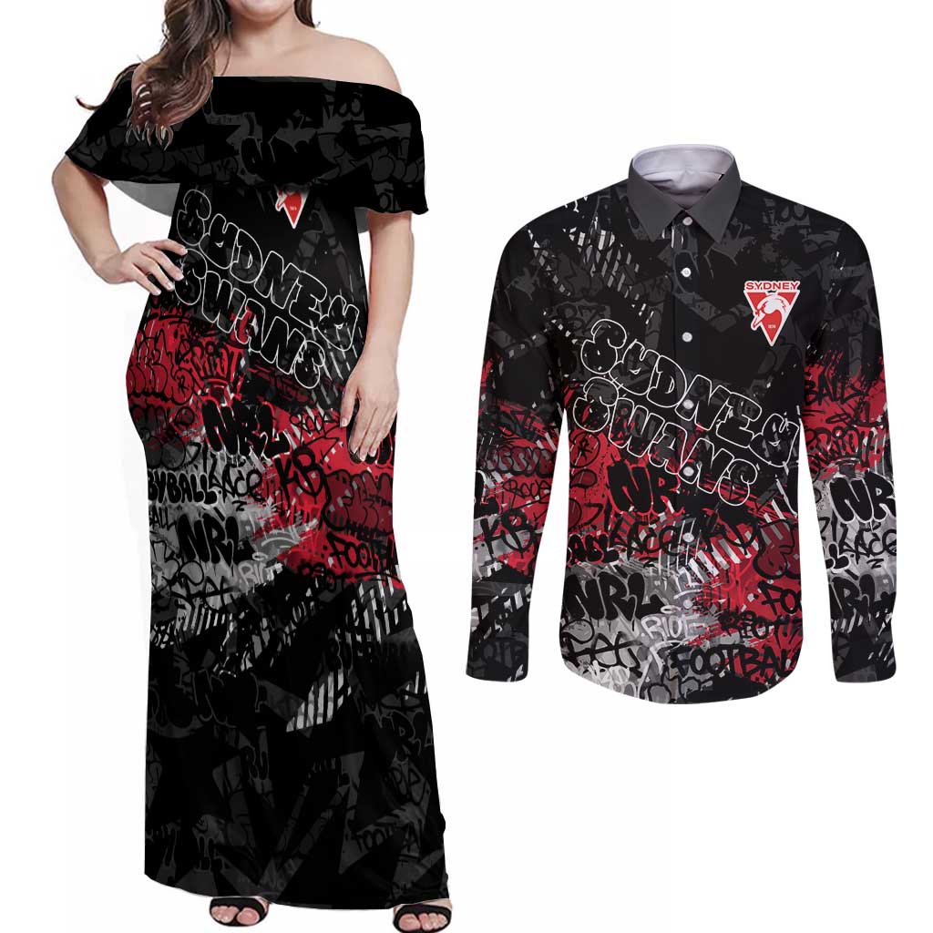 Sydney Swans Couples Matching Off Shoulder Maxi Dress and Long Sleeve Button Shirt Urban Graffiti Street Art - Bold Abstract Spray Paint