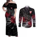 Sydney Swans Couples Matching Off Shoulder Maxi Dress and Long Sleeve Button Shirt Urban Graffiti Street Art - Bold Abstract Spray Paint