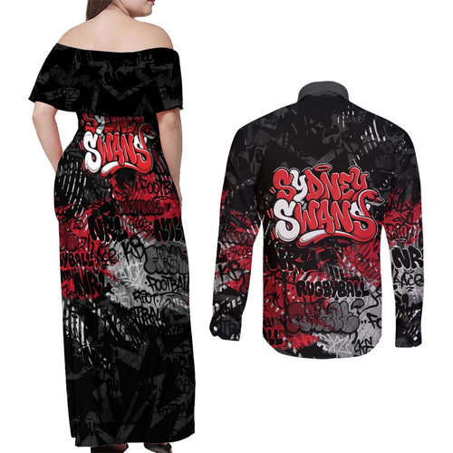 Sydney Swans Couples Matching Off Shoulder Maxi Dress and Long Sleeve Button Shirt Urban Graffiti Street Art - Bold Abstract Spray Paint
