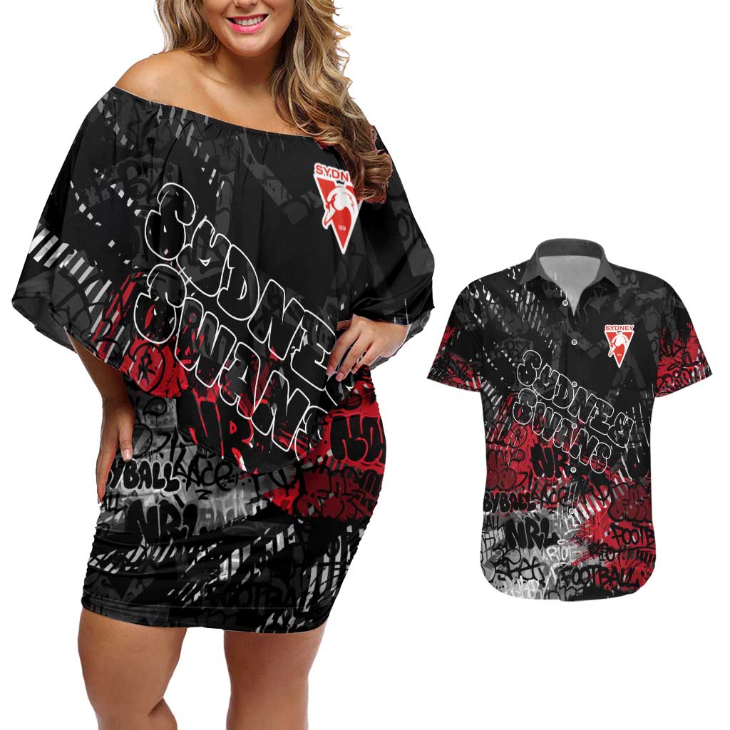 Sydney Swans Couples Matching Off Shoulder Short Dress and Hawaiian Shirt Urban Graffiti Street Art - Bold Abstract Spray Paint