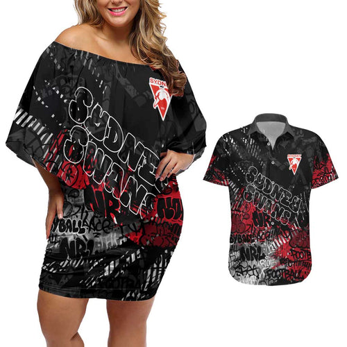 Sydney Swans Couples Matching Off Shoulder Short Dress and Hawaiian Shirt Urban Graffiti Street Art - Bold Abstract Spray Paint