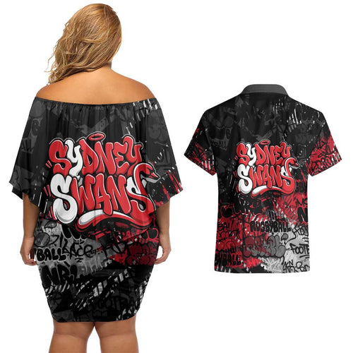Sydney Swans Couples Matching Off Shoulder Short Dress and Hawaiian Shirt Urban Graffiti Street Art - Bold Abstract Spray Paint
