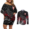 Sydney Swans Couples Matching Off Shoulder Short Dress and Long Sleeve Button Shirt Urban Graffiti Street Art - Bold Abstract Spray Paint