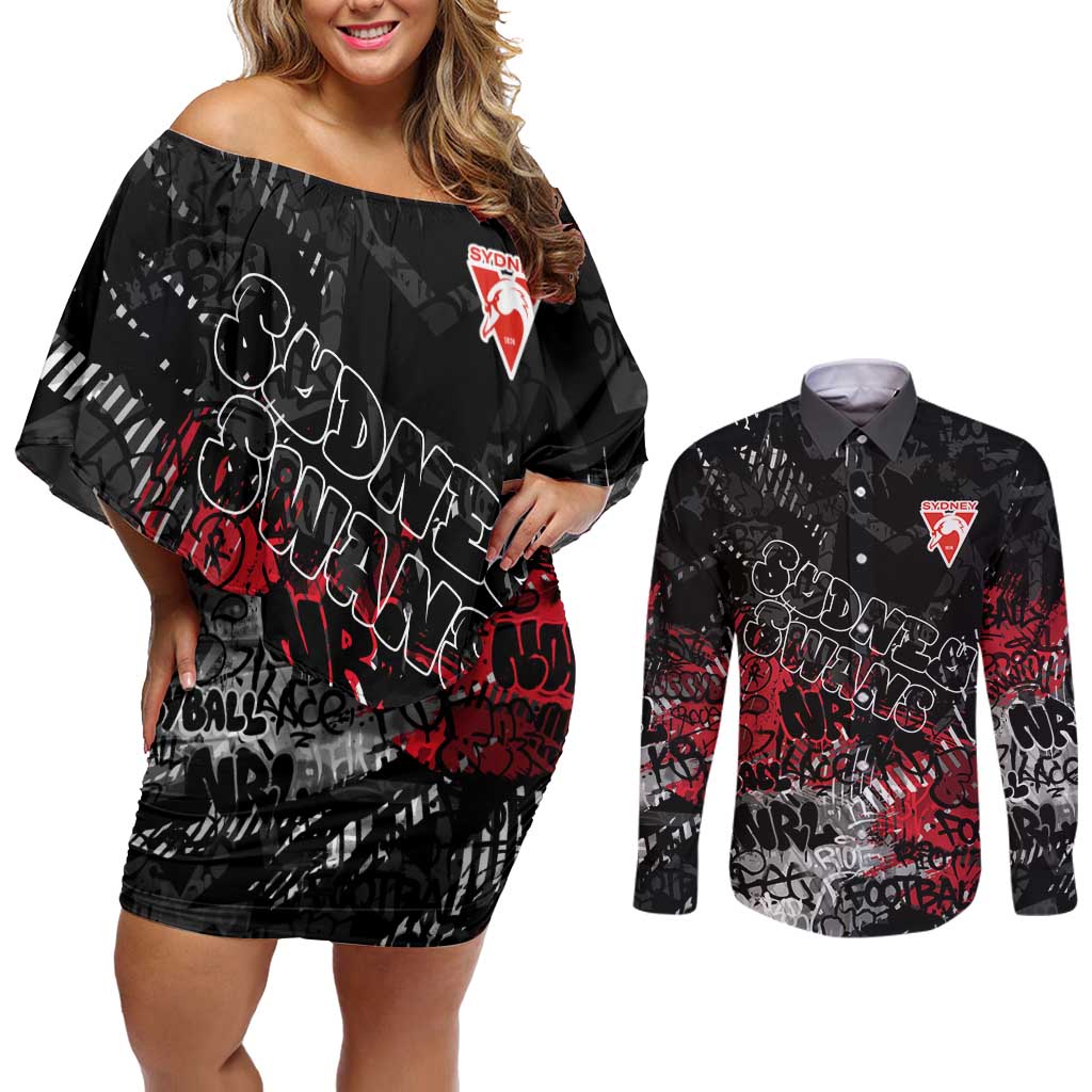 Sydney Swans Couples Matching Off Shoulder Short Dress and Long Sleeve Button Shirt Urban Graffiti Street Art - Bold Abstract Spray Paint