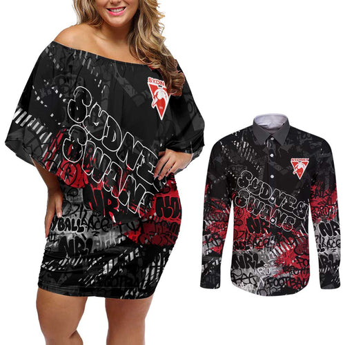 Sydney Swans Couples Matching Off Shoulder Short Dress and Long Sleeve Button Shirt Urban Graffiti Street Art - Bold Abstract Spray Paint
