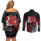 Sydney Swans Couples Matching Off Shoulder Short Dress and Long Sleeve Button Shirt Urban Graffiti Street Art - Bold Abstract Spray Paint