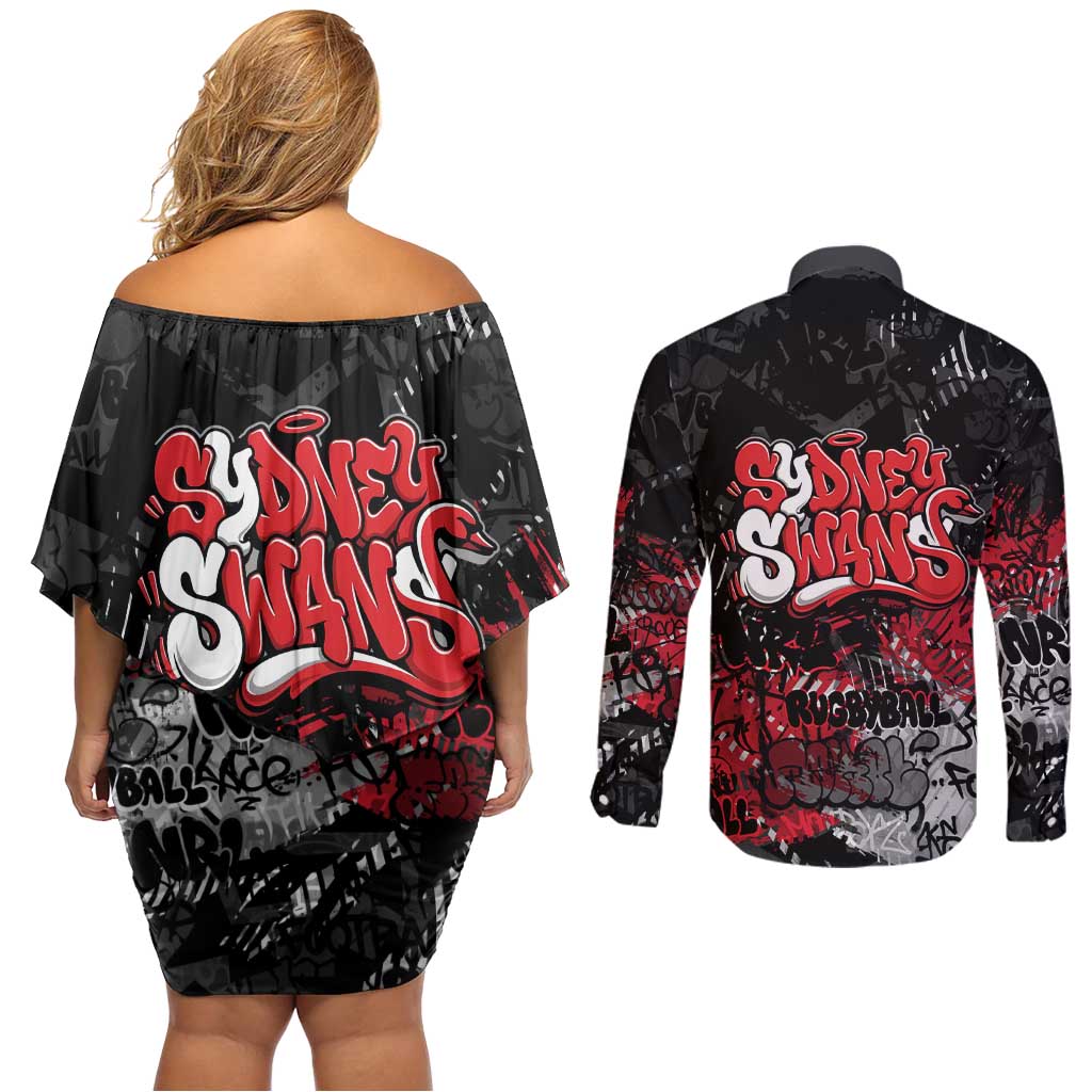 Sydney Swans Couples Matching Off Shoulder Short Dress and Long Sleeve Button Shirt Urban Graffiti Street Art - Bold Abstract Spray Paint