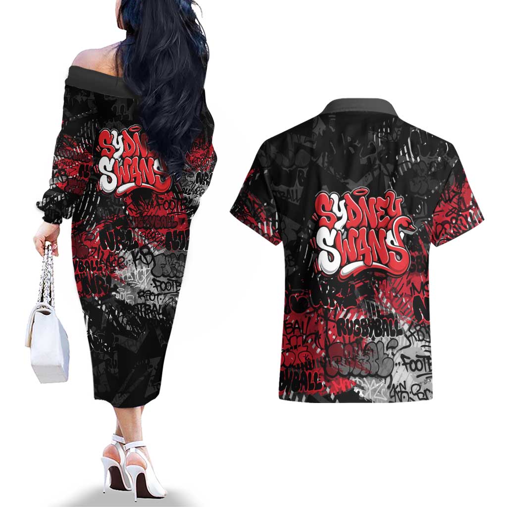Sydney Swans Couples Matching Off The Shoulder Long Sleeve Dress and Hawaiian Shirt Urban Graffiti Street Art - Bold Abstract Spray Paint