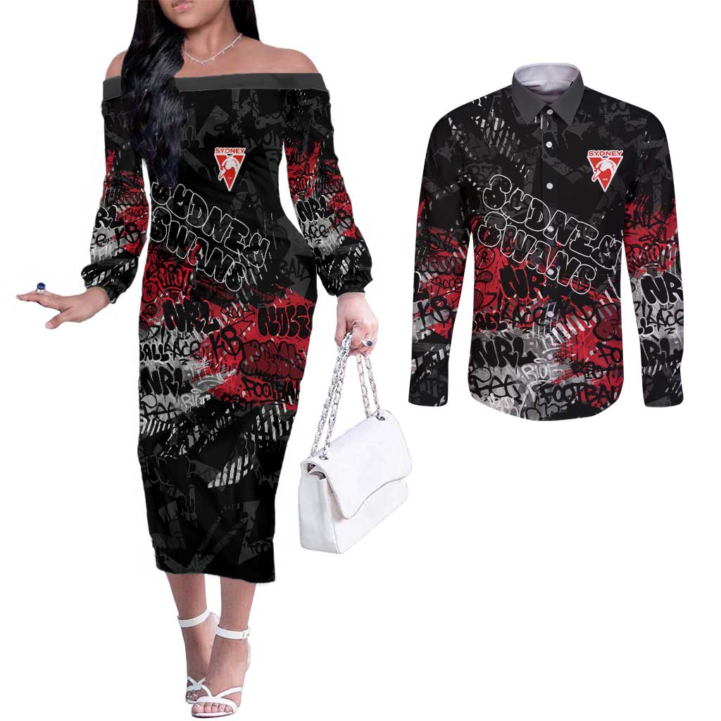 Sydney Swans Couples Matching Off The Shoulder Long Sleeve Dress and Long Sleeve Button Shirt Urban Graffiti Street Art - Bold Abstract Spray Paint