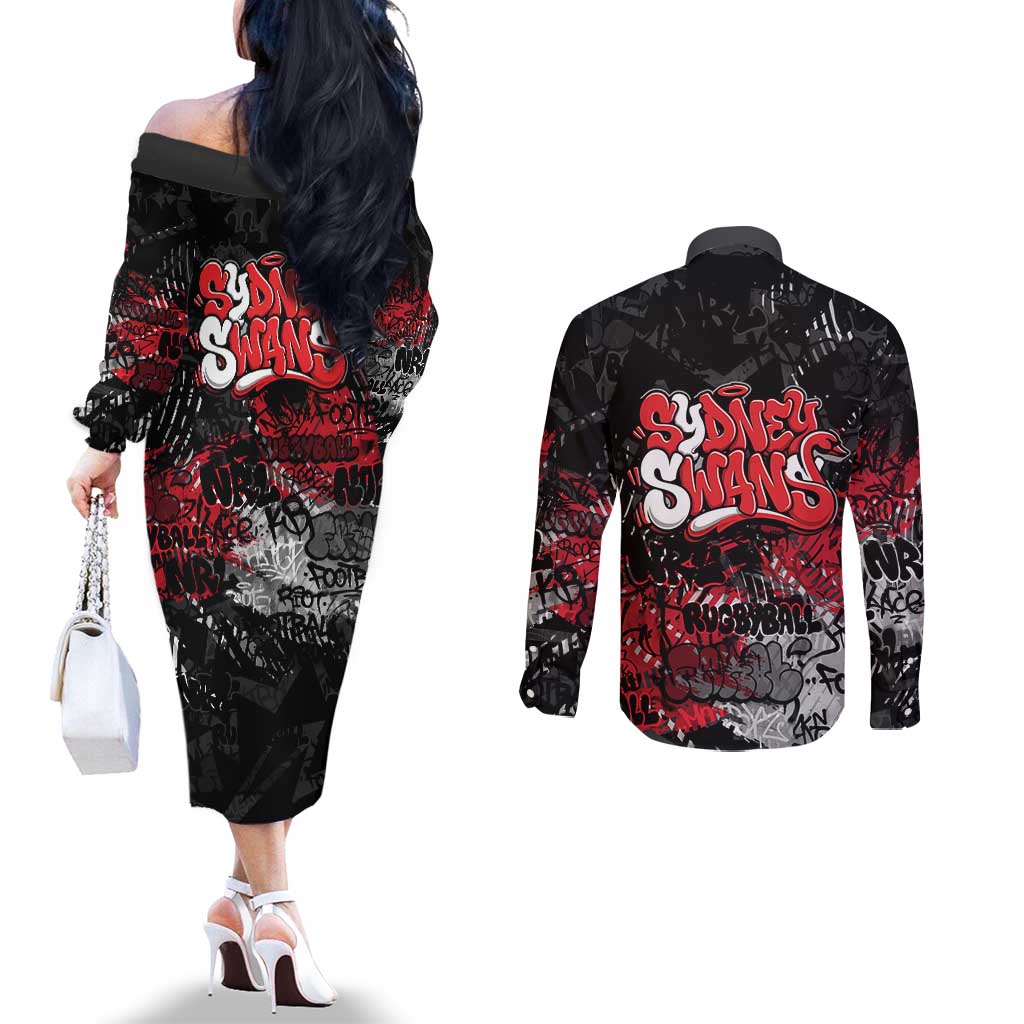 Sydney Swans Couples Matching Off The Shoulder Long Sleeve Dress and Long Sleeve Button Shirt Urban Graffiti Street Art - Bold Abstract Spray Paint