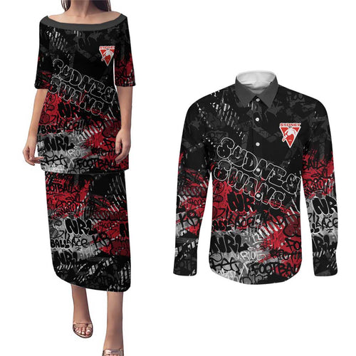 Sydney Swans Couples Matching Puletasi and Long Sleeve Button Shirt Urban Graffiti Street Art - Bold Abstract Spray Paint