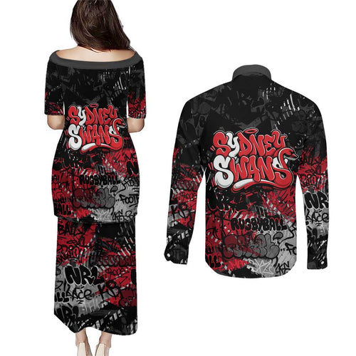 Sydney Swans Couples Matching Puletasi and Long Sleeve Button Shirt Urban Graffiti Street Art - Bold Abstract Spray Paint