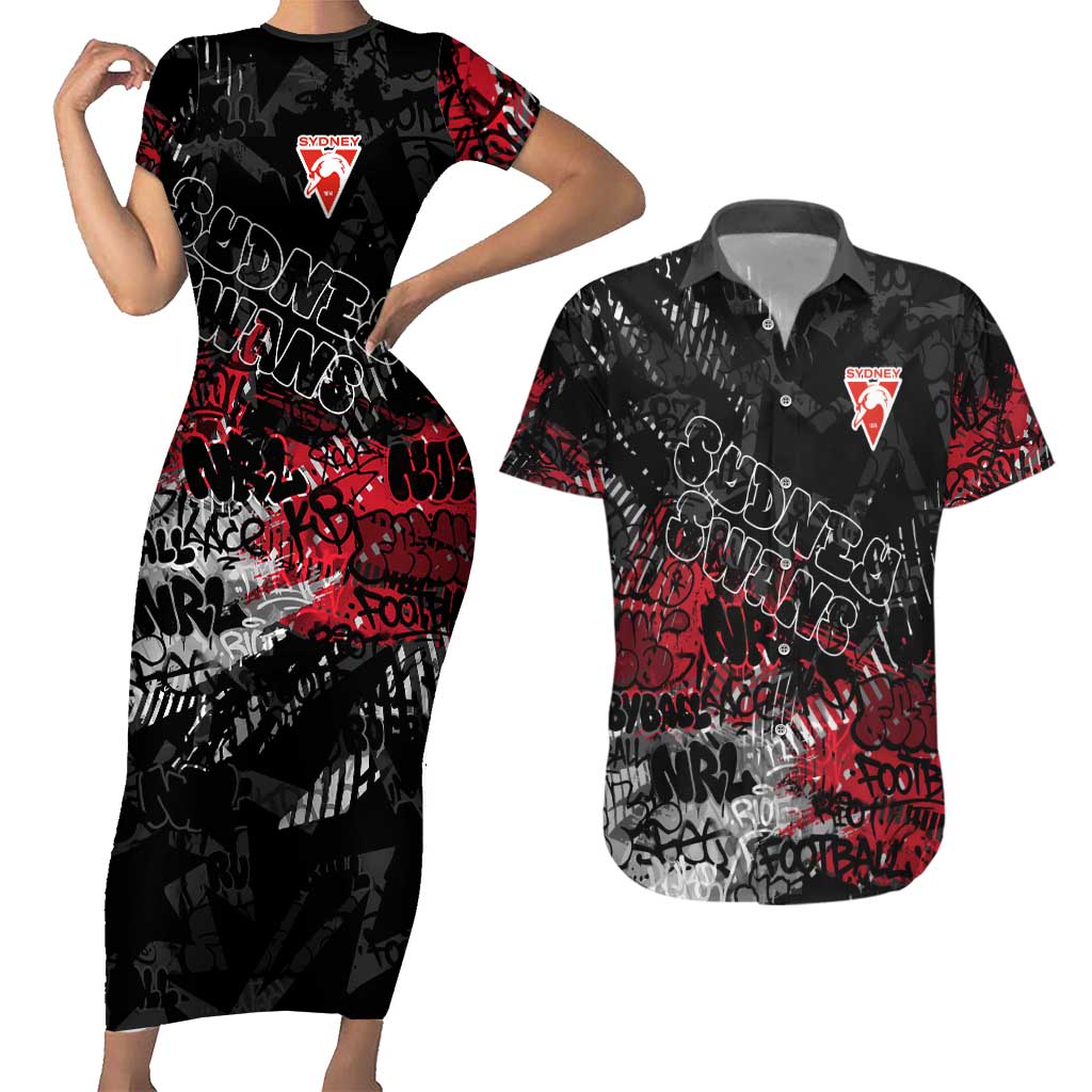 Sydney Swans Couples Matching Short Sleeve Bodycon Dress and Hawaiian Shirt Urban Graffiti Street Art - Bold Abstract Spray Paint