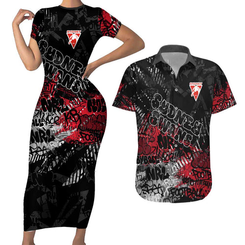 Sydney Swans Couples Matching Short Sleeve Bodycon Dress and Hawaiian Shirt Urban Graffiti Street Art - Bold Abstract Spray Paint